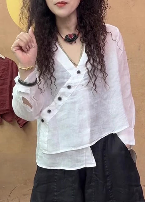 Fine White V Neck Asymmetrical Linen Blouse Tops Spring
