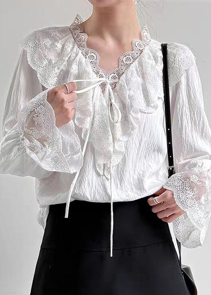 Fine White V Neck Lace Patchwork Shirts Flare Sleeve