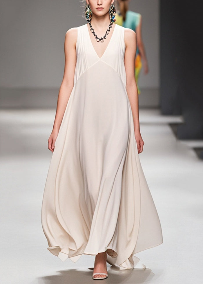 Fine White V Neck Patchwork Draping Chiffon Dresses Sleeveless