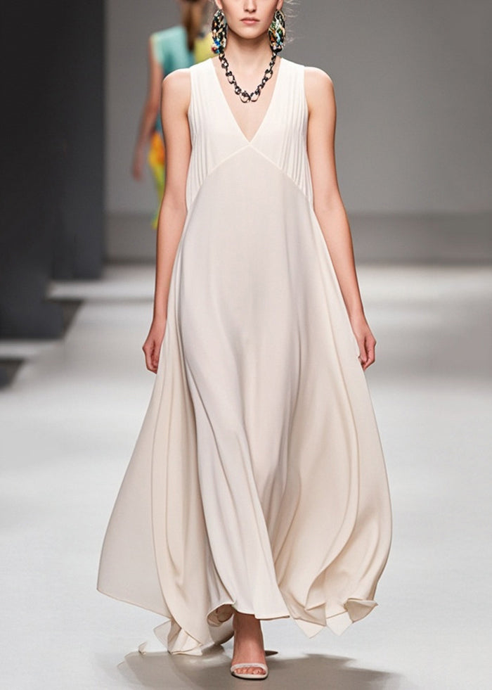 Fine White V Neck Patchwork Draping Chiffon Dresses Sleeveless