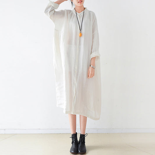 Fine White linen shirt dresses plus size women dress 2025 autumn