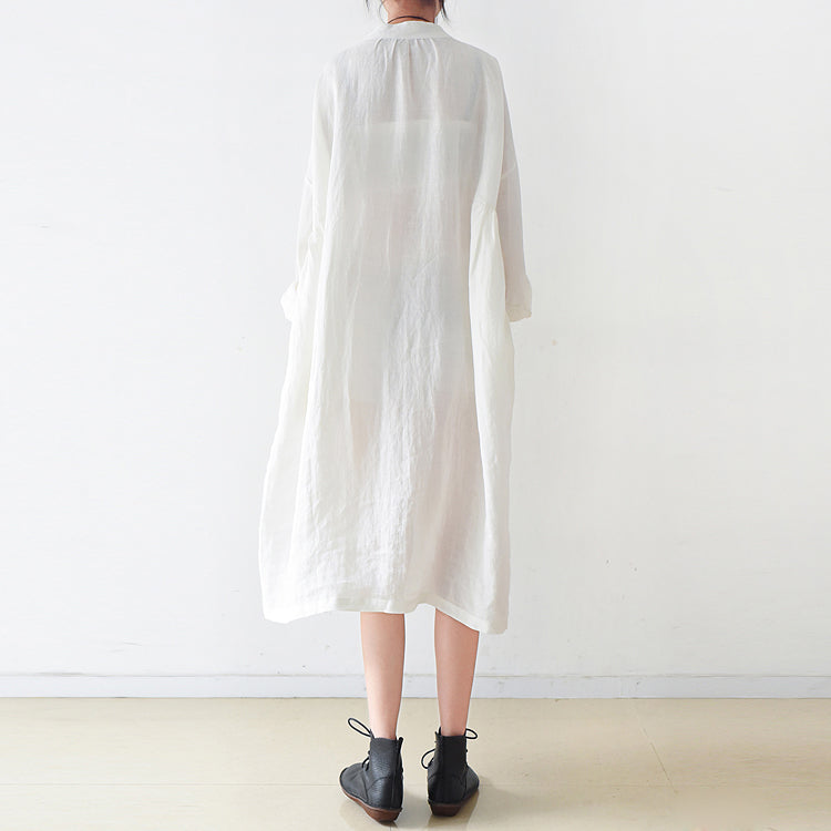 Fine White linen shirt dresses plus size women dress 2025 autumn