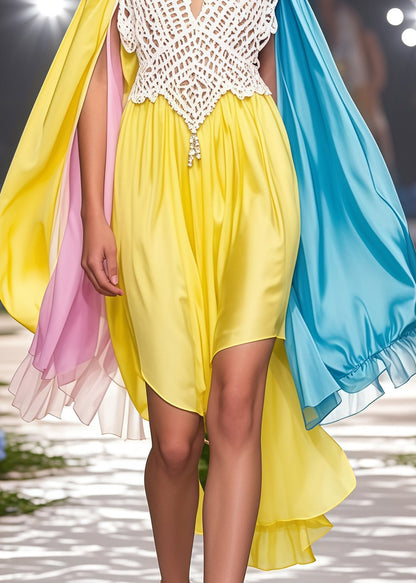 Fine Yellow Asymmetrical Patchwork Cold Shoulder Party Dress Summer