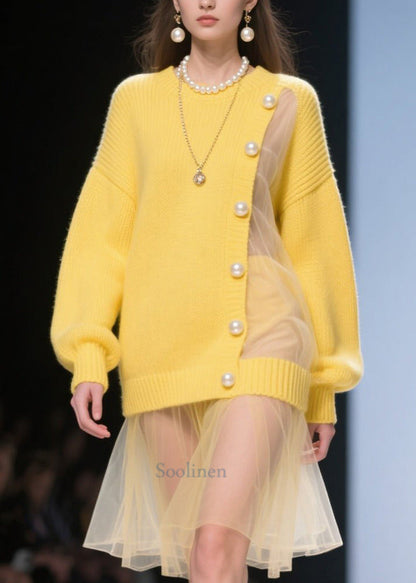 Fine Yellow Big Pearl Patchwork Tulle Knitted Dress Winter
