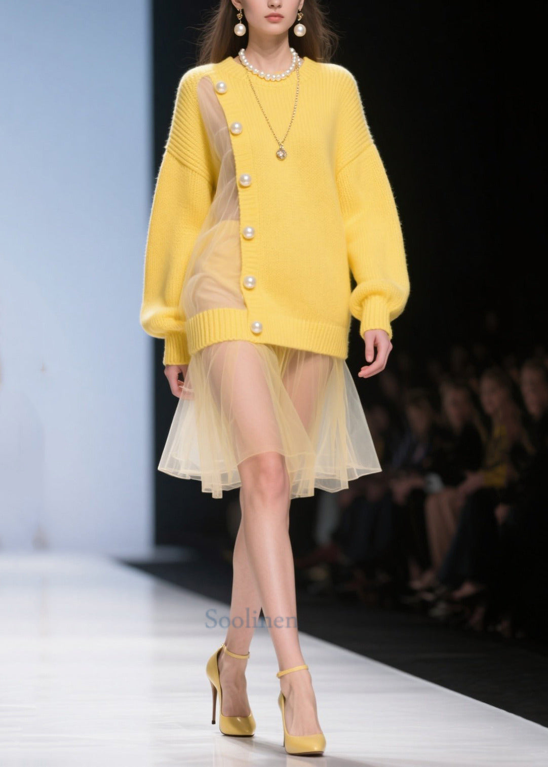 Fine Yellow Big Pearl Patchwork Tulle Knitted Dress Winter