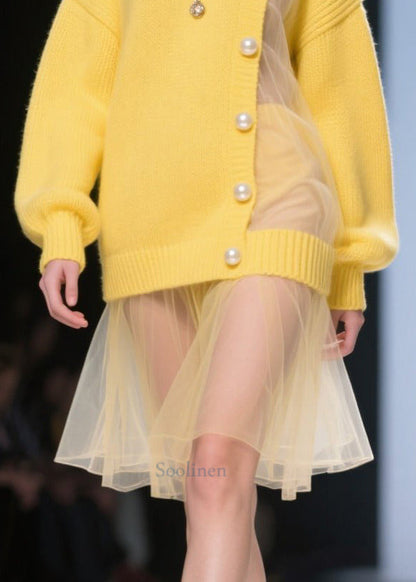 Fine Yellow Big Pearl Patchwork Tulle Knitted Dress Winter