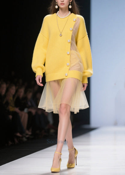Fine Yellow Big Pearl Patchwork Tulle Knitted Dress Winter