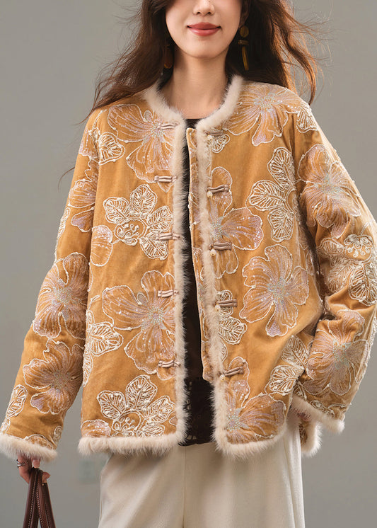 Fine Yellow Embroidered Chinese Button Duck Down Coat Winter
