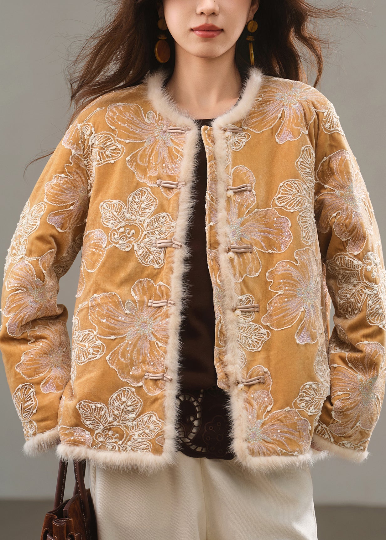 Fine Yellow Embroidered Chinese Button Duck Down Coat Winter