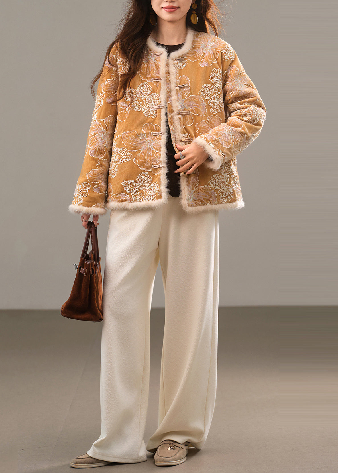 Fine Yellow Embroidered Chinese Button Duck Down Coat Winter