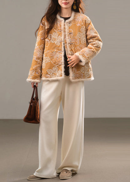Fine Yellow Embroidered Chinese Button Duck Down Coat Winter