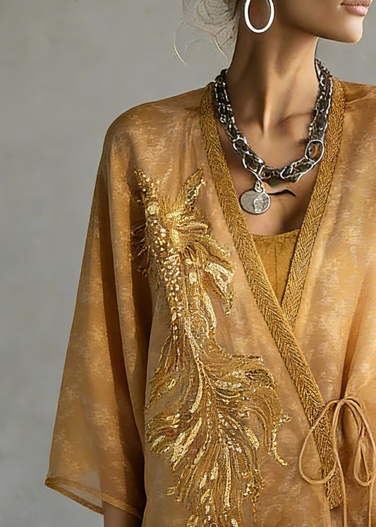 Fine Yellow Embroidered Tie Waist Silk Cardigans Three Quarter Sleeve Sleeve