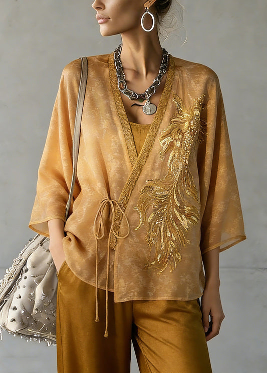 Fine Yellow Embroidered Tie Waist Silk Cardigans Three Quarter Sleeve Sleeve