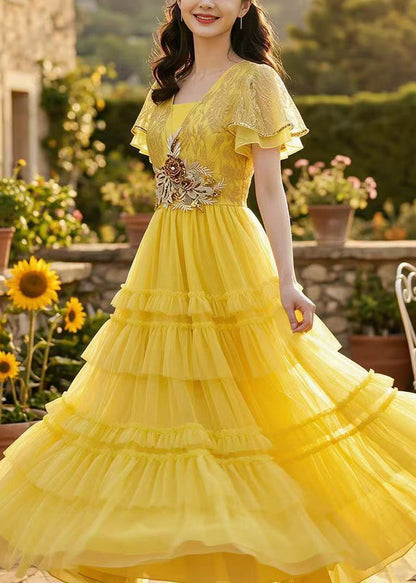 Fine Yellow Embroidered Tulle Party Dress Summer