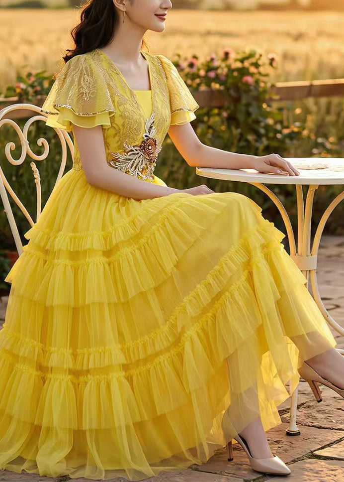 Fine Yellow Embroidered Tulle Party Dress Summer
