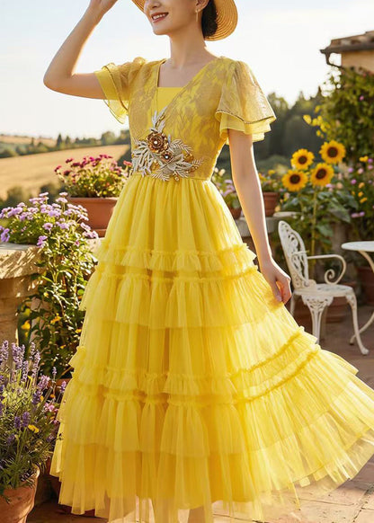 Fine Yellow Embroidered Tulle Party Dress Summer
