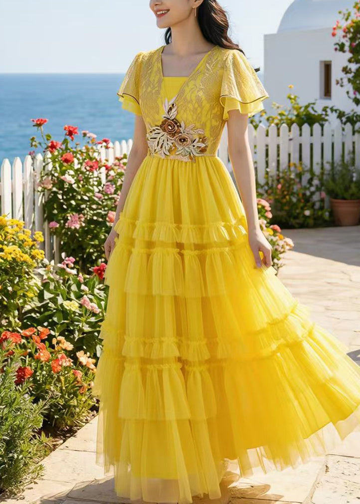 Fine Yellow Embroidered Tulle Party Dress Summer