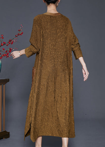 Fine Yellow Embroidered Wrinkled Silk Long Dress Fall