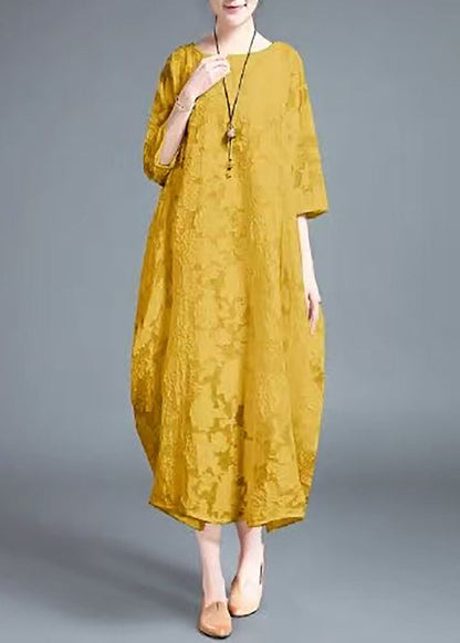 Fine Yellow O-Neck Lace Robe Dresses Bracelet Sleeve