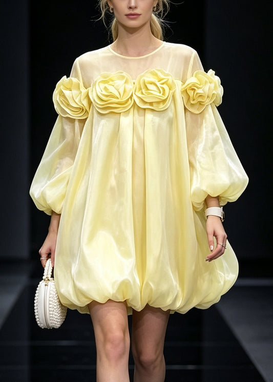 Fine Yellow Oversized Floral Silk Day Dress Summer