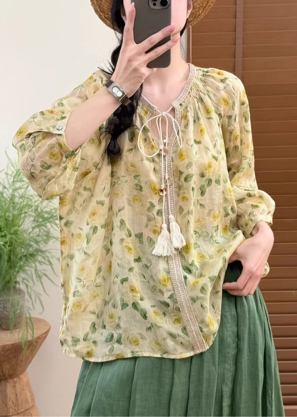 Fine Yellow Oversized Print Linen Shirts Bracelet Sleeve