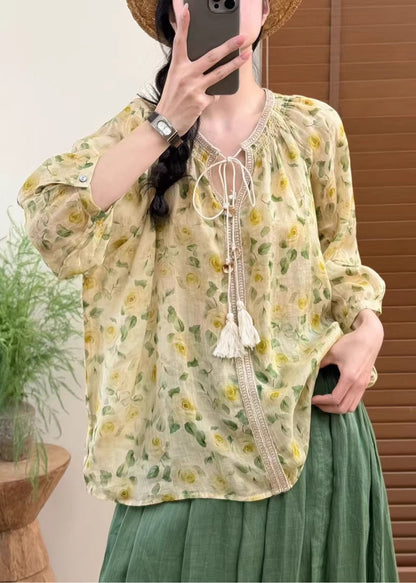 Fine Yellow Oversized Print Linen Shirts Bracelet Sleeve