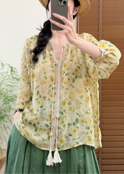 Fine Yellow Oversized Print Linen Shirts Bracelet Sleeve