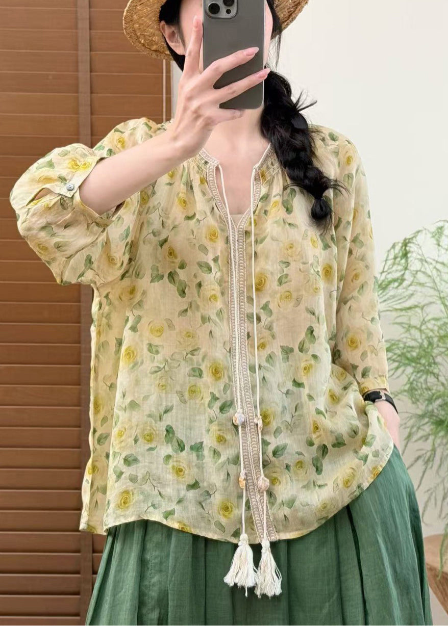 Fine Yellow Oversized Print Linen Shirts Bracelet Sleeve