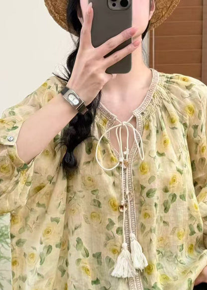 Fine Yellow Oversized Print Linen Shirts Bracelet Sleeve