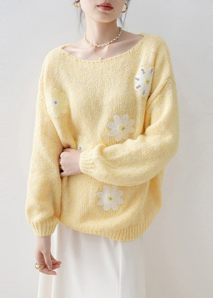 Fine Yellow Oversized Rhinestone Floral Knit Sweaters Winter