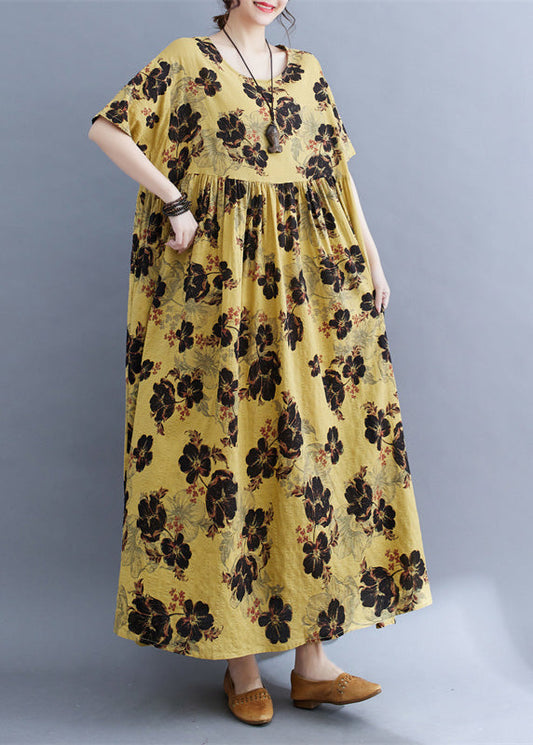 Fine Yellow Print Patchwork Wrinkled Long Dresses Summer