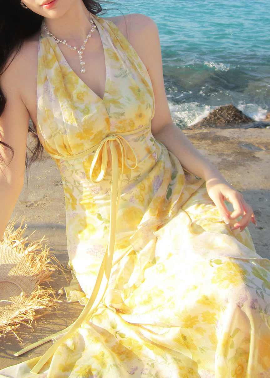 Fine Yellow Print Ruffled Tie Waist Long Dresses Sleeveless