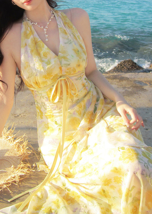 Fine Yellow Print Ruffled Tie Waist Long Dresses Sleeveless