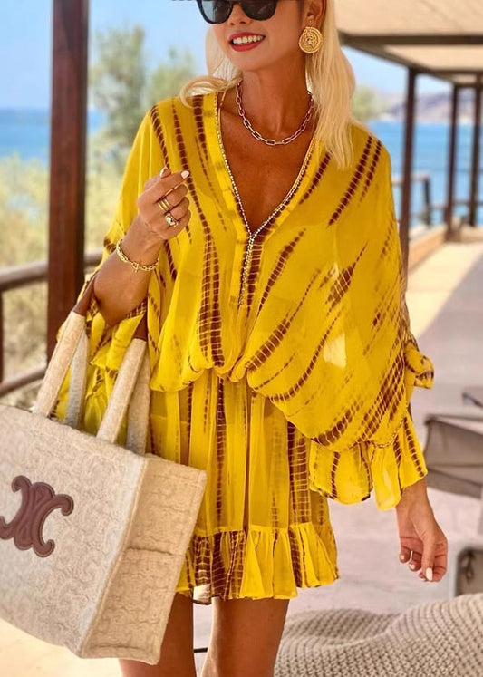 Fine Yellow Print Zircon Chiffon Beach Dress Batwing Sleeve