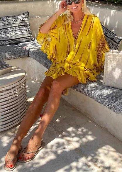 Fine Yellow Print Zircon Chiffon Beach Dress Batwing Sleeve