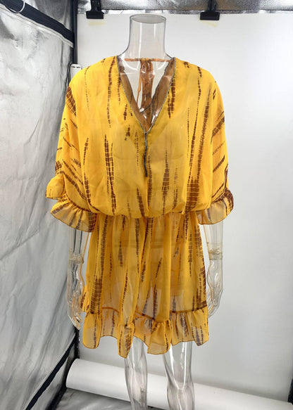 Fine Yellow Print Zircon Chiffon Beach Dress Batwing Sleeve