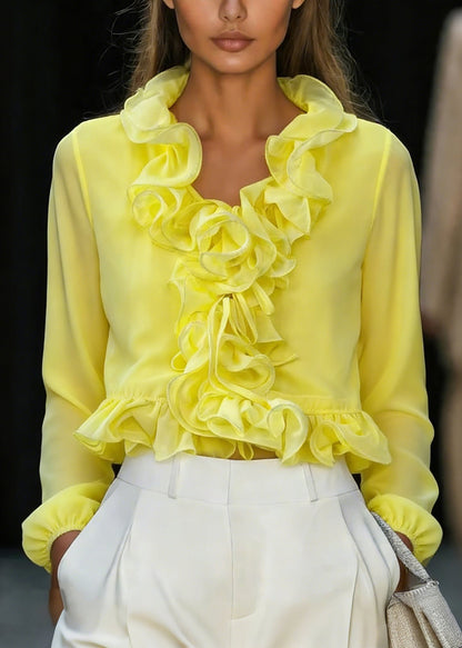Fine Yellow Ruffled Patchwork Chiffon Top Spring