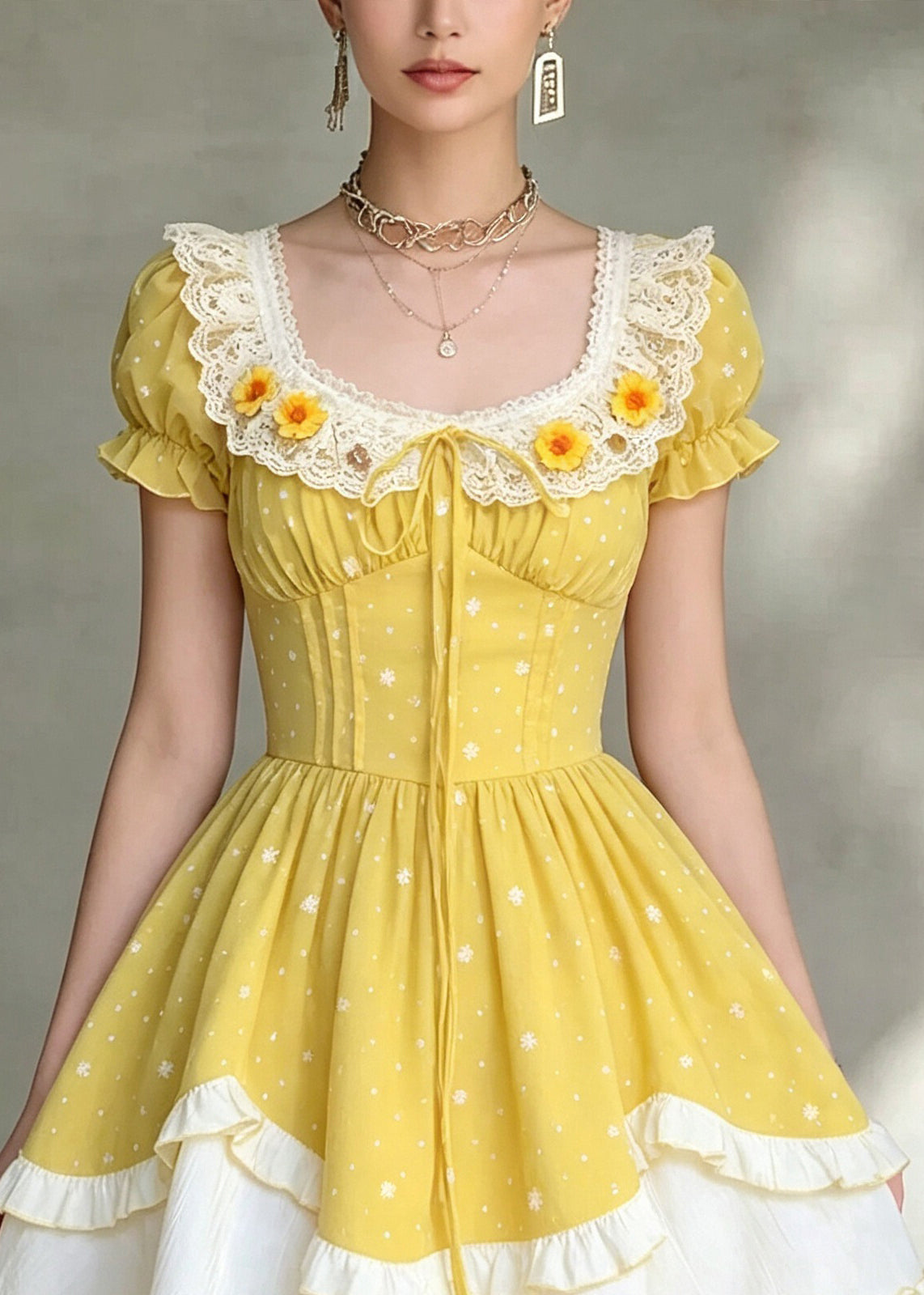 Fine Yellow Square Collar Ruffled Patchwork Mid Dress Short Sleeve