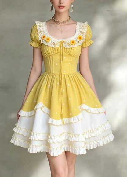Fine Yellow Square Collar Ruffled Patchwork Mid Dress Short Sleeve