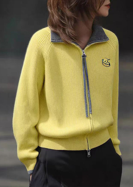 Fine Yellow Stand Collar Zippered Cotton Knit Cardigans Lantern Sleeve