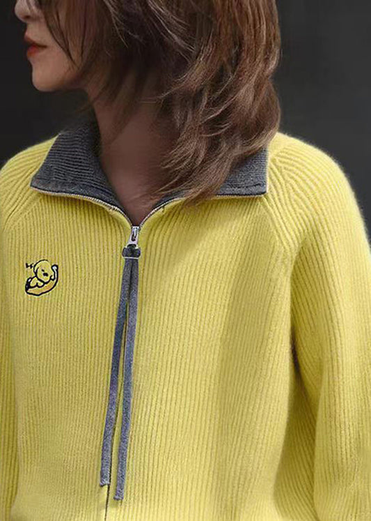 Fine Yellow Stand Collar Zippered Cotton Knit Cardigans Lantern Sleeve