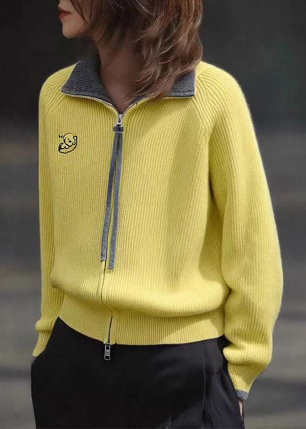 Fine Yellow Stand Collar Zippered Cotton Knit Cardigans Lantern Sleeve