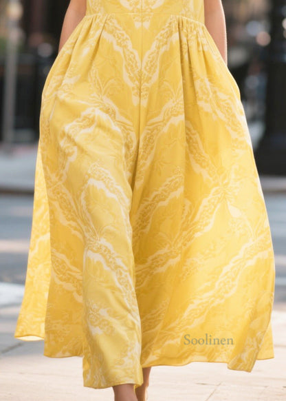 Fine Yellow V Neck Print Chiffon Dresses Summer
