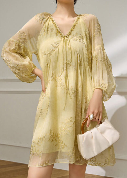 Fine Yellow V Neck Tie Lace Chiffon Mid Dress Spring