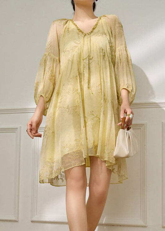 Fine Yellow V Neck Tie Lace Chiffon Mid Dress Spring