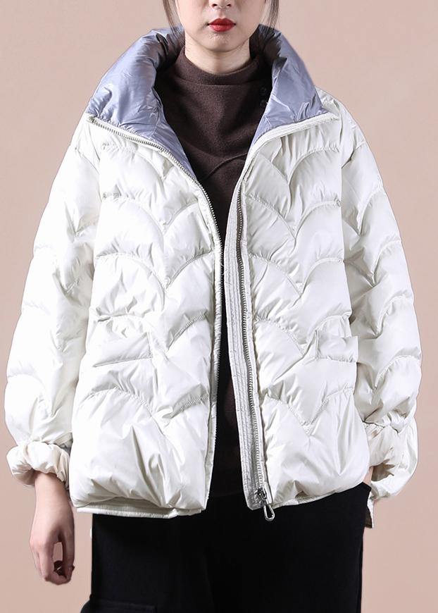 Fine beige down coat winter plus size stand collar zippered women coats - SooLinen