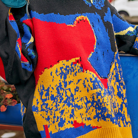 Fine black Abstract pattern sweaters fall fashion O neck knitted tops Fine fall sweaters
