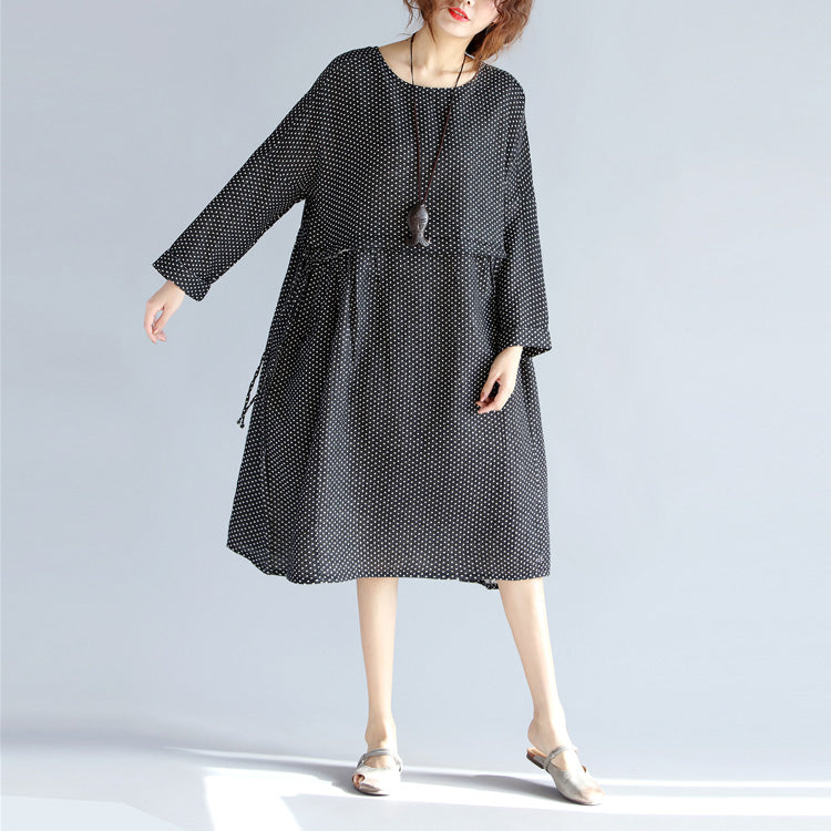 Fine black Midi-length cotton linen dress Loose fitting linen cotton dress vintage long sleeve large hem O neck tunic natural cotton linen dress