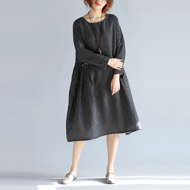 Fine black Midi-length cotton linen dress Loose fitting linen cotton dress vintage long sleeve large hem O neck tunic natural cotton linen dress