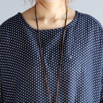 Fine black Midi-length cotton linen dress Loose fitting linen cotton dress vintage long sleeve large hem O neck tunic natural cotton linen dress